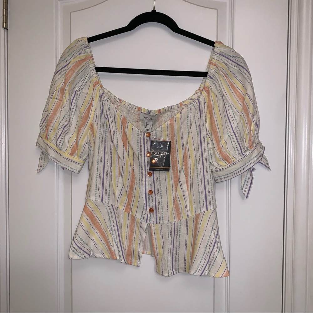 NWT FOREVER 21 PINK AND YELLOW STRIPED SHORT SLEEVE TOP SIZE 1X